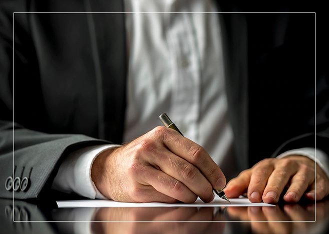 A man writing on paper with pen and ink.