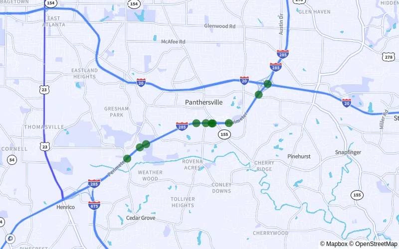 A map of the interstate with many green dots.