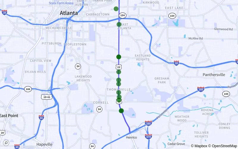 A map of the interstate with green dots on it.